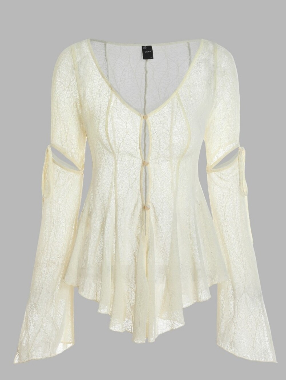 Cider Sheer Button Up Knotted Ruffle Blouse